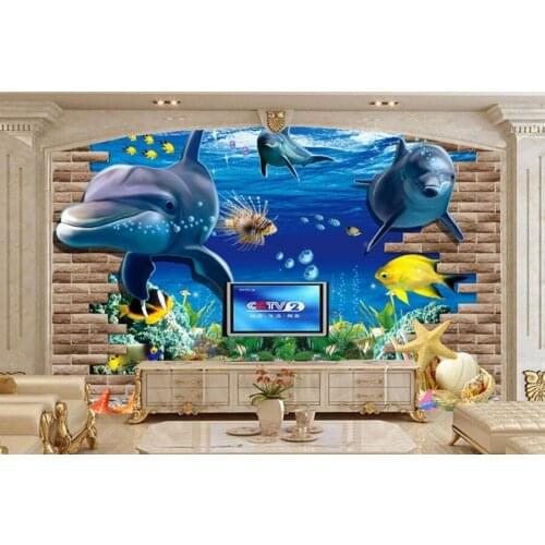 Large mural,3D three-dimensional Underwater World Cartoon Dolphin wallpapers,living room sofa TV wall children bedroom wallpaper