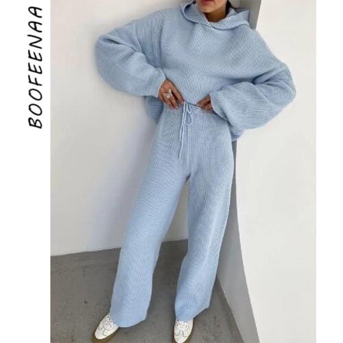 BOOFEENAA Solid Knitted Sweater Two Piece Outfits for Women Winter Clothes Casual Tracksuit Hooded 2 Piece Pants Sets C69-FC85