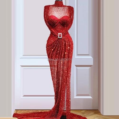 Kaftans Glitter Elegant Red Evening Dress Sheath Floor-Length Beads Sequins Robe De Soiree Aibye Prom Dress Middle East Dubai