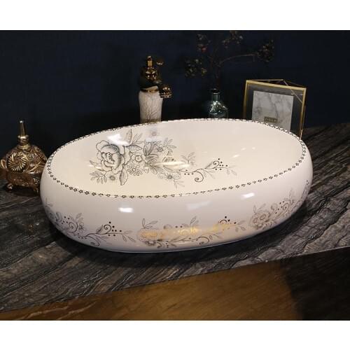 Jingdezhen factory directly ceramic hand painted porcelain oval blue and white ceramic wash basin bathroom sink