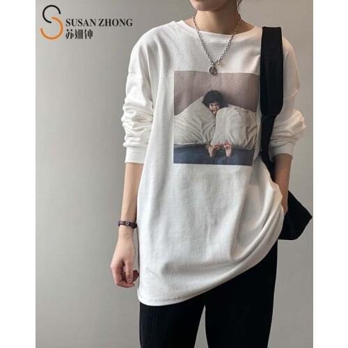 Women T-Shirt Female Tops Sweatshirts Cozy Casual 2021 Spring New Loose Oversize Mid-Long Cotton Round Collar Print Knit Cuff