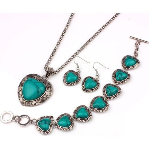 FYSL Silver Plated Love Heart Red and Green Turquoises Stone Pendant Necklace Earrings Bracelet Jewelry Set