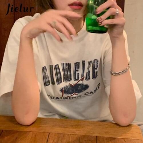 Jielur Summer Retro Letter Printing Womens T-shirts Loose Short-sleeve Tops for Women Casual O-neck White T-shirts Female 2021
