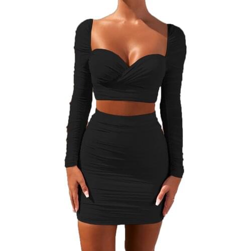 Spring Autumn Women Two Piece Outfits Sexy Draped V-Neck Long Sleeve Crop Tops+high Waist Skirt Set for Women Party Club Outfits