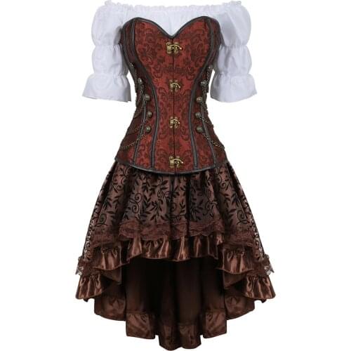 Corset skirt 3 piece leather dress bustiers corset steampunk pirate lingerie corsetto irregular burlesque plus size black brown