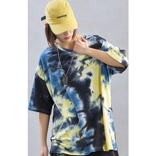 Oversized Summer Womens T-shirt Tie Dye Print Short T Shirt Female T-shirts O-neck Casual Tee Tops Loose Ladies Girls Tshirt