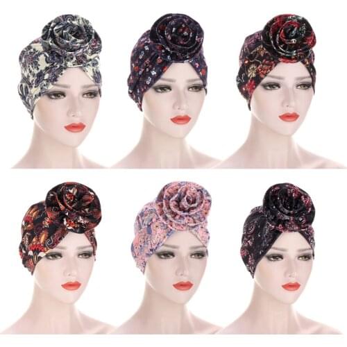 Muslim Hat Fashion Big Flower Hijabs Turban Hat Indian Cap Women Head Wrap Headwear Printed Beanies Skullies Bonnet Accessories