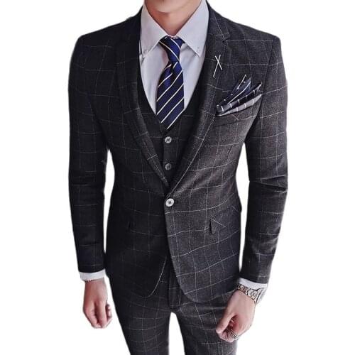 Jacket + Vest + Pants ) Fashion Boutique British Classic Plaid Mens Formal Business Slim Suit 3 Pcs Groom Wedding Dress Suit