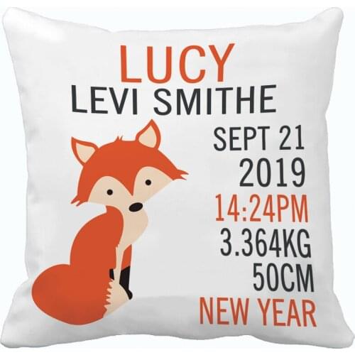Custom Kid Cushion Cover Cute Orange Fox Pillow Cover Polyester Cotton Linen Newborn Child Pillow Case Boy and Girl Birth Stats