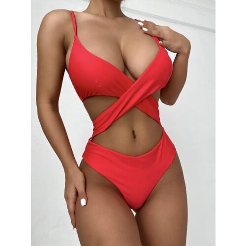 Sexy Cross Cutout Strap One-Piece Swimsuit Solid Color Womens Swimwear Deep V Backless Monokini Summer Female Brazilian Biquini