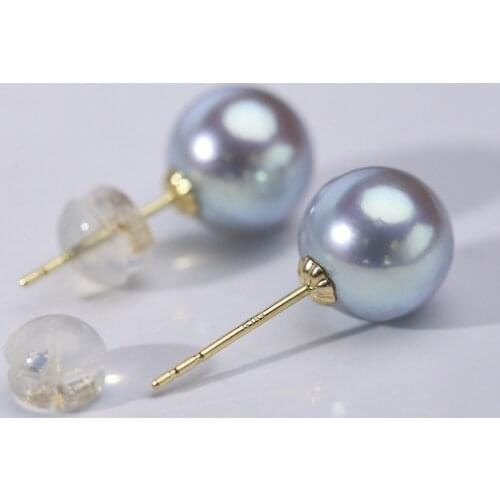 AAA 8mm Akoya Grey Pearl 18K Gold Stud Earring Simple Pop Earrings Customizable