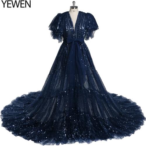 Navy Blue Sparkle Evening Dress Long Open Front Ruffle Sleeve Photo Shoot Dress Short Train Maternity Dress for Baby Shower