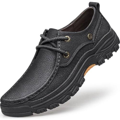 Casual Shoes Brand Genuine Men Leather Mens Loafers Moccasins Comfy Breathable Slip on Hiking Shoes Black Plus Size 46