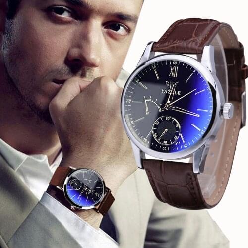 YAZOLE Mens Watches Leather Quartz Blue Wrist Watches Brand Luxury Business Watch Men Ray Glass часы мужские relogio masculino