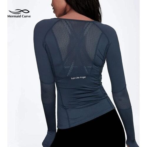 Mermaid Curve Women Breathable Body-Building Fitness T Shirt Long Sleeve Sports T-shirt Sexy Back Hollow Running Gym Yoga Top