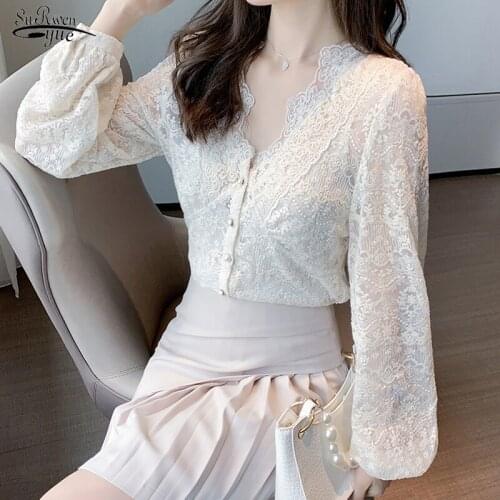 Autumn Retro Lace Hollow Blouse V-neck Bottoming Temperament Long-sleeved Shirt Women Elegant Cotton Solid Blouse Women 16273