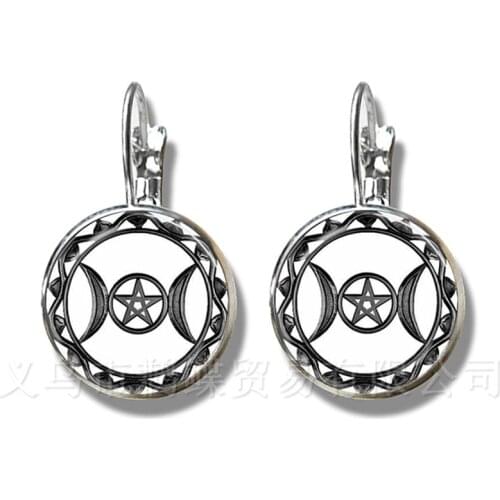 Triple Moon Goddess Stud Earrings Pentagram Witch Jewelry 16mm Glass Dome Wiccan Silver Plated Charm Wicca Jewelry For Women