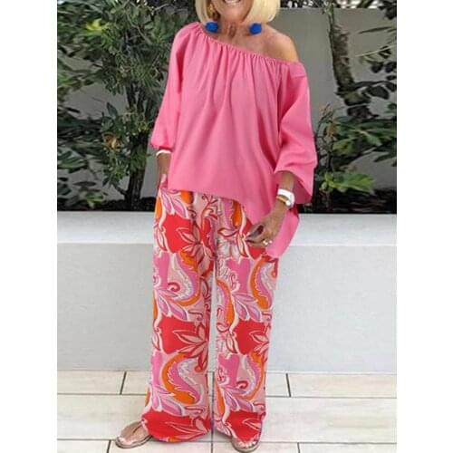 Vintage Pattern Printed Harajuku Women Sets Elegant Slash Neck Top Pullover and Loose Long Pants 2021 Spring Summer 2pcs Outfits