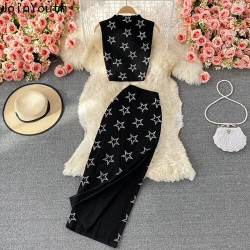 Joinyouth Diamond Star Printed Two Piece Set Women Chic 2 Pcs Stand Collar Sleeveless Crop Tops Split Bodycon Skirts Korean Suit