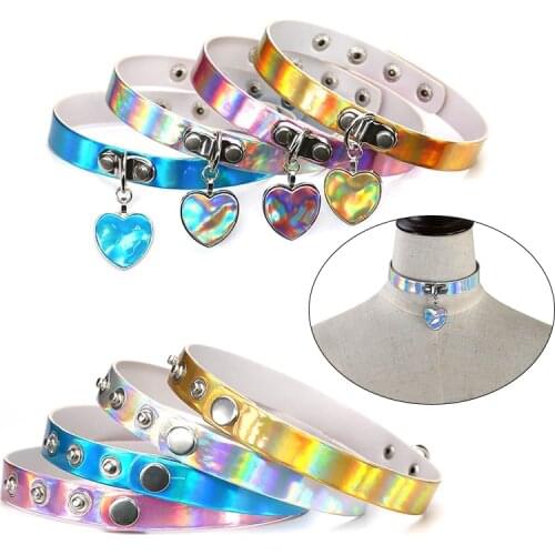 Sexy Trendy Punk Gothic Leather Choker Chain Women Charm Heart Glitter Laser Buckle Collar Necklace Party Jewelry Neck Accessory