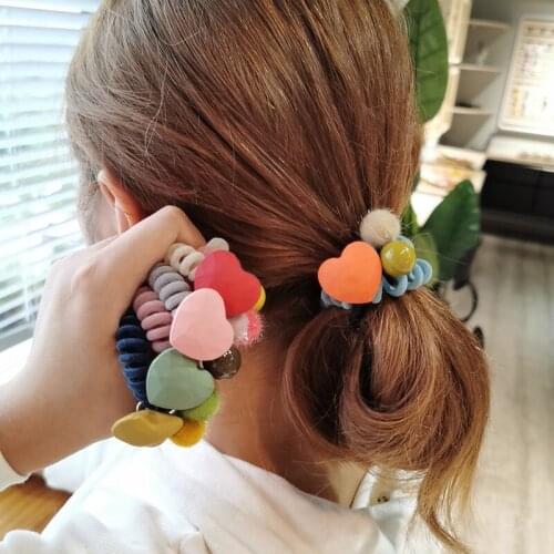 60pcs/lot DIY Simple Multi Plush Hearts Telephone Ring Rubber Band Elasticity Traceless Hair Bands Styling Tool Accessory HA1686