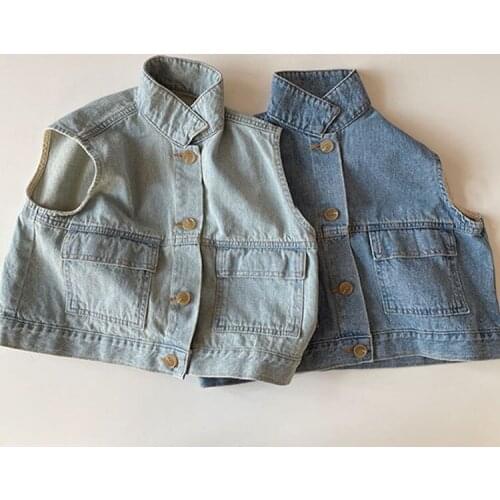 Childrens Autumn Dress New Style Fashionable And Easy To Match Boys' And Girls' Washed Jeans Vest Sleevel
