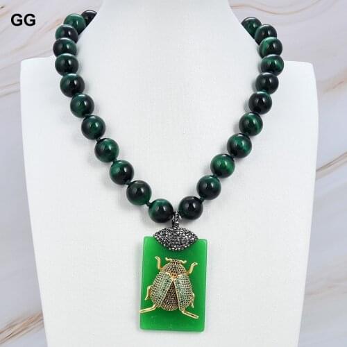 GuaiGuai Jewelry Natural Stone 12mm Green Tiger Eye Necklace Rectangle Green Jade Cz insect Pendant 18"