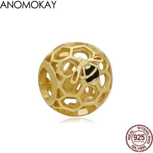 Anomokay Classic Openwork Gold Color Hive Bee Charm fit Bracelets & Bangles Round 925 Silver Bee Beads for Diy Jewelry Making
