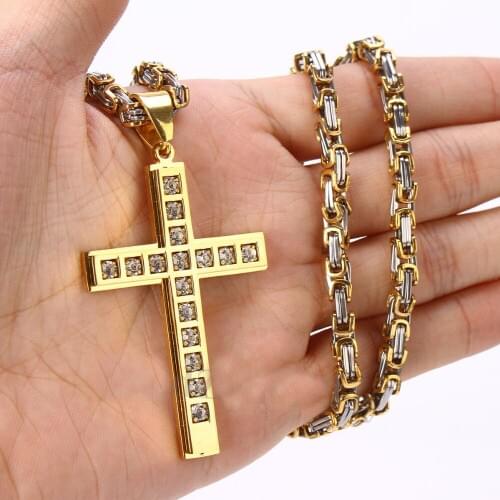 Gold Stainless Steel Big Cross Pendant with Shinny Stone for Men Boy Gift Byzantine Necklace including 18"-30"