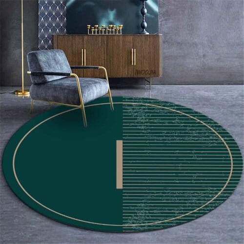 Dark Green Area Rug Living Room With Geometric Lines Round Chair Mat Coffee Table Rug Decor Modern Carpet Bathroom Rug Anti-slip