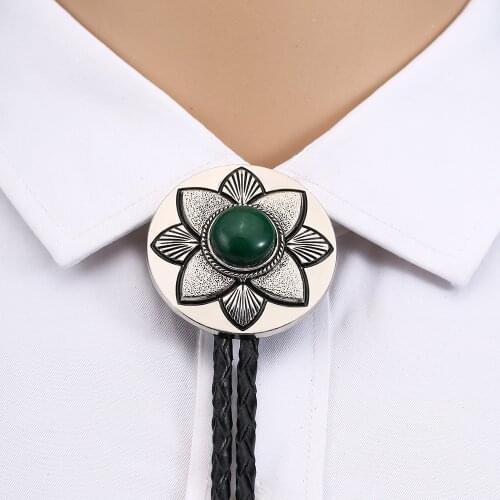 Western cowboy bolo tie leather collar rope lotus pedestal natural agate retro pattern zinc alloy tie accessories unisex