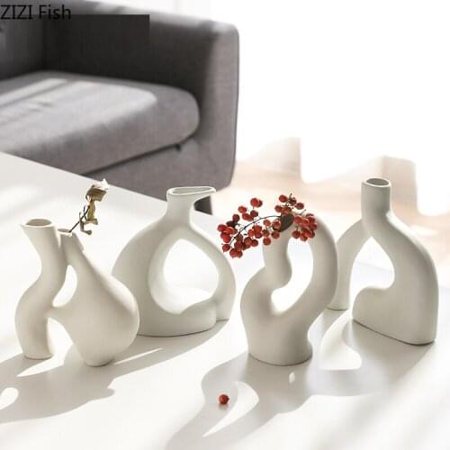 Creative White Irregular Ceramic Vase Living Room Decoration Dried Flower Arrangement Countertop Abstract Art Crafts