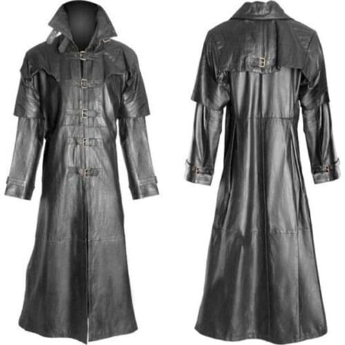 Lugentolo Black Faux Leather Coat Men Fashion Lapel Snap Button Long Men PU Leather Jacket Punk Style Jackets Men