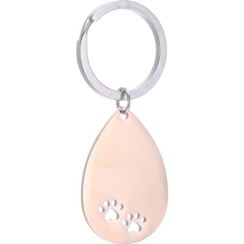 MYLONGINGCHARM 1pc 304 Stainless Steel Keychain Water Drop Charms with Cutout Dog Footprints-Trendy Keychain M0135