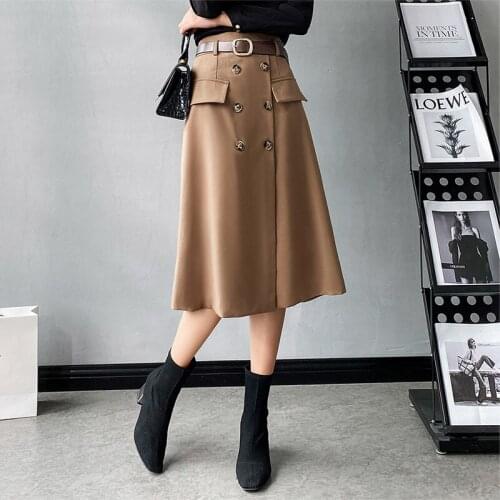 Autumn Suit Skirts 2021 New Retro Elegant Double Breasted Cargo Skirt For Women High Waist Pockets A word Skirt With Belt