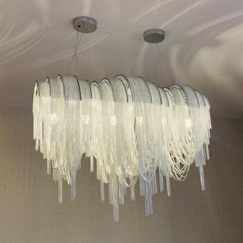 Luxury rectangle silver chandelier kitchen island light tassel aluminum chain decor hanging lamp light fixtures indoor lighting
