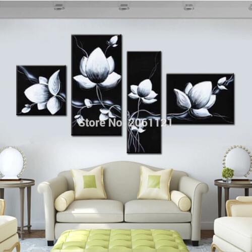 Hand-painted Oil Wall Art black white Flowers Bloom Home Decoration Abstract Floral Oil Painting on Canvas 4pcs Giclee paintings