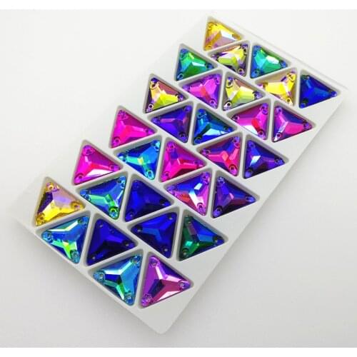 TopStone Colors AB Triangle Sew On Glass Crystal Rhinestones Flatback with holes 12mm 16mm Sewing Jewelry