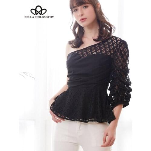 Bella Philosophy spring women sexy half puff sleeve shirt hollow out lace ladies blusas patchwork female skew collar blouse