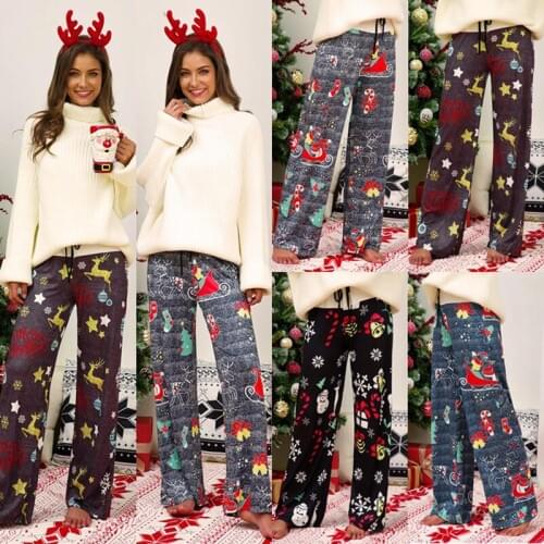 Women Loose Pants Print Drawstring Pants Casual Wide Leg Pants Long Pants Sweatpants Christmas Pants