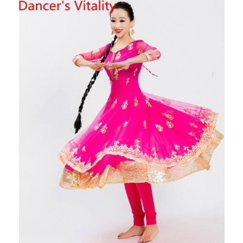 Women Adult Indian Dancing Embroidered Two-Layered Big Hem Dress Veil Pants Oriental Belly Dance Stage Wear Performance Costume
