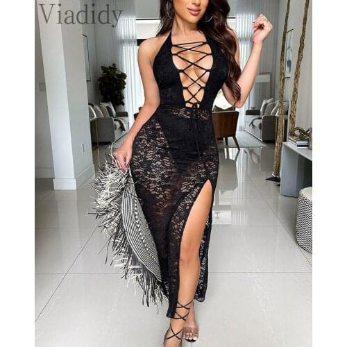 Lace Hollow Split Thigh Halter Dress Women Sleeveless Backless Asymmetrical Dress