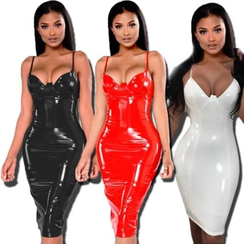 Women Wetlook Shiny Halter Dress Exotic Dancewear Hot Midi Dress Clubwear Bodycon Faux Leather Sexy Fetish Latex Pvc Dress 6XL