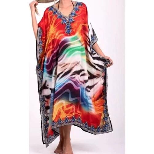 Plus Size Bohemian Maxi Dress Print Cotton Beach Tunic 2020 Robe De Plage Sarong V-Neck Loose Batwing Sleeve Summer Womens Dress