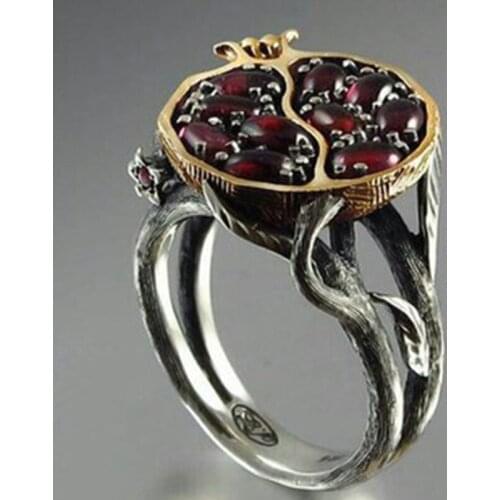 Pomegranate Half Cut Pattern Design Ring Red Crystal Fruit Micro Setting Jewelry For Woman Cocktail Party Finger Accessories