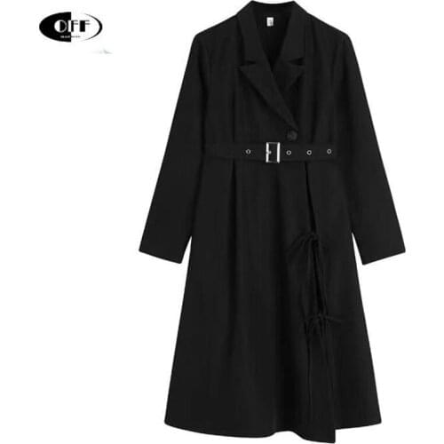 Korean Chic Office Work Black Midi Long Dresses For Women Autumn Bow Notched Collar Elegant OL Traf Gothic Ladies Dress Vestidos