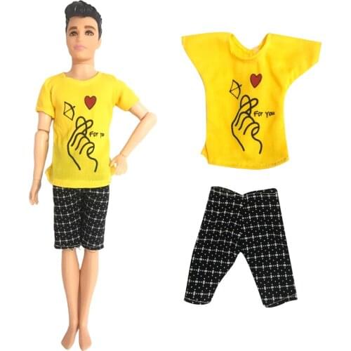 1 Set Yellow Casual Shirt Heart-shaped Pattern T-shirt + Plaid shorts For Ken Doll Boy Birthday Gift Accessories