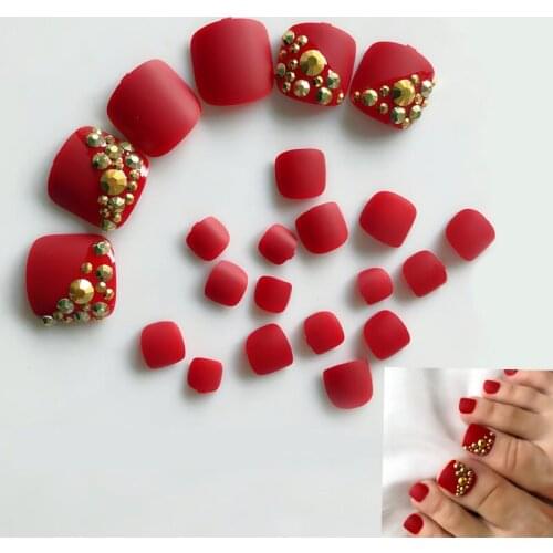 24Pcs Acrylic False Toenail Full Paste Press Red Matte Foot Fake Nails Art Decoration Toenail Beauty Tools