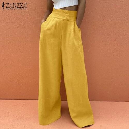 Oversized Fashion Womens Wide Leg Pants 2021 Summer Cotton Linen Pants ZANZEA Casual Solid Button Up Pants Ladies Zipper Pants