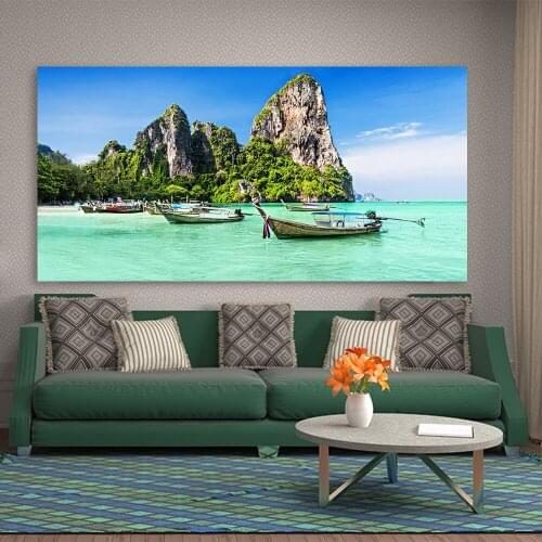 HD Print Canvas Painting Blue Sky Lake Boat Mountain River Forest Landscape Pictures Wall Art Posters For Living Room Home Decor